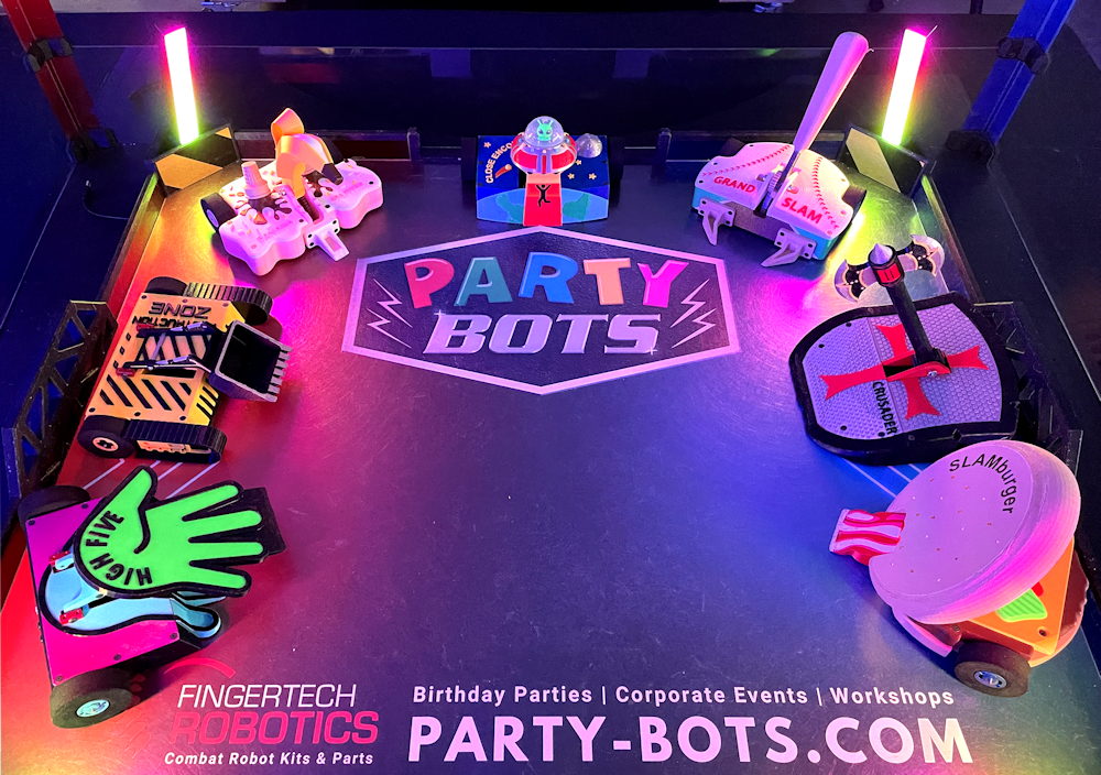 a group of fun themed robots with the Party-Bots logo